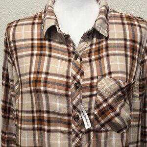 Terra & Sky brown, ta plaid flannel button down shirt, ladie's 0X (14W)